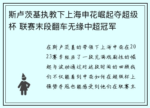 斯卢茨基执教下上海申花崛起夺超级杯 联赛末段翻车无缘中超冠军